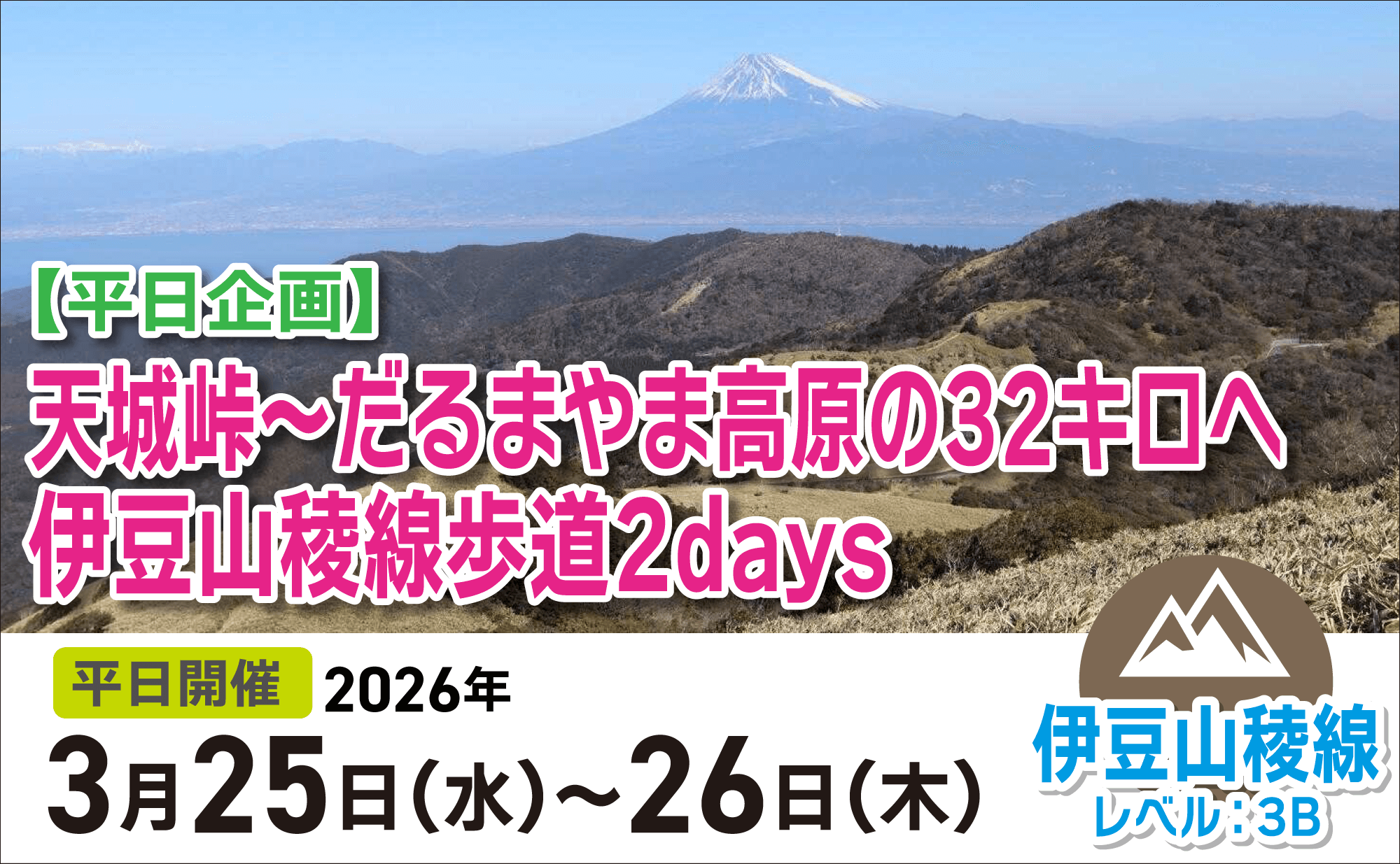 登山道場：天城峠〜だるまやま高原32キロ・伊豆山稜線歩道2days2026年3月25〜26日