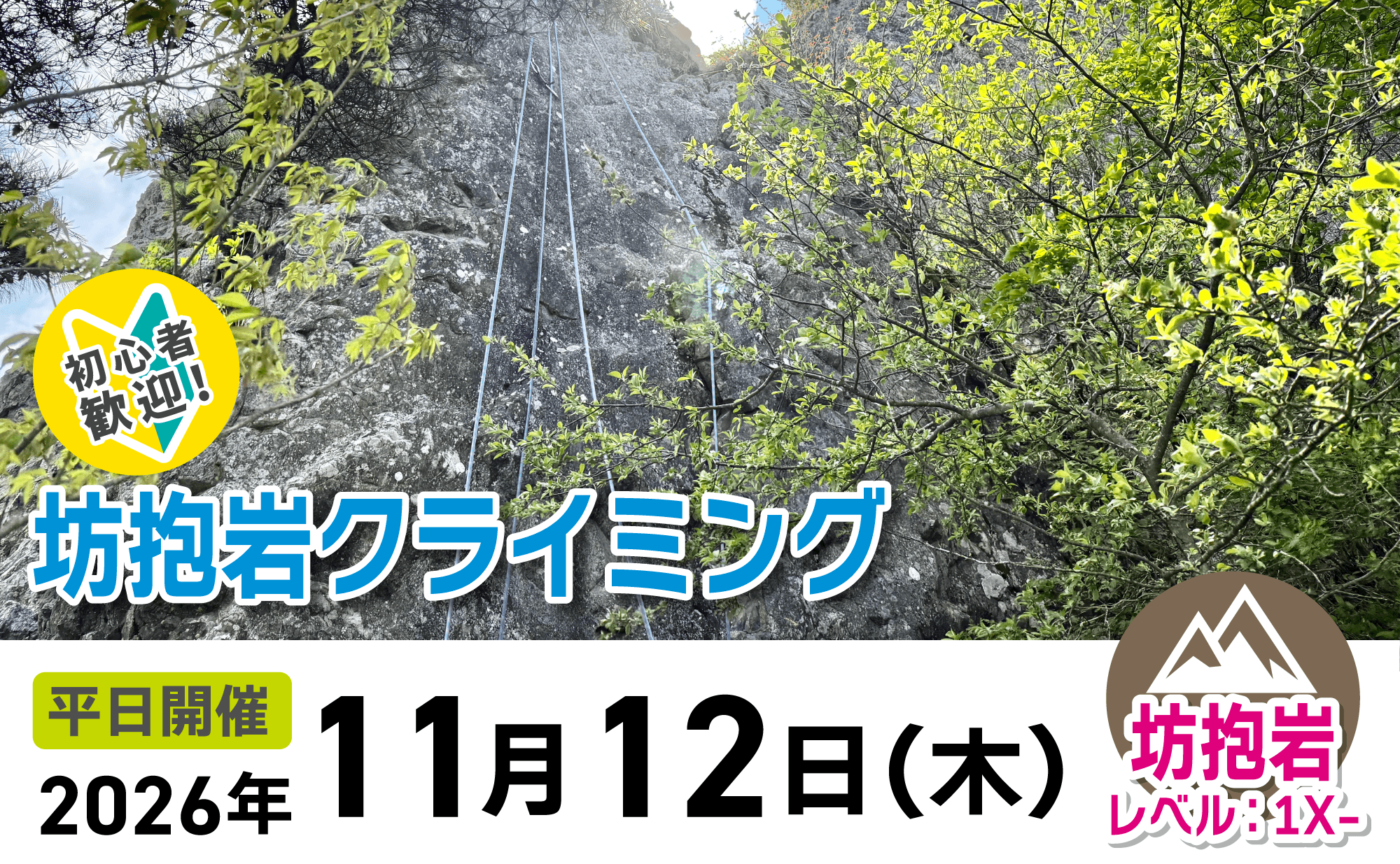 登山道場：初心者歓迎！坊抱岩でクライミング講習2026年11月12日